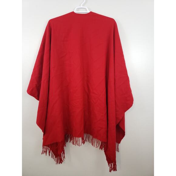 (J5) Womens Shawl Cape Poncho Wrap Fringed Size OS One Size Red Made in France - Picture 5 of 6